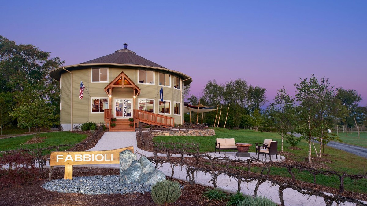 Workers at Fabbioli Cellars built their spacious new two-story round-house tasting room in 2015